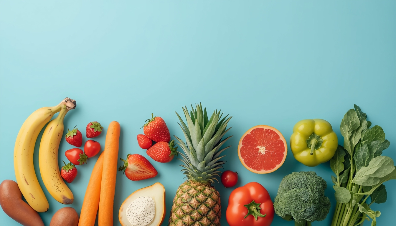 Healthy lifestyle elements including fresh foods and activity